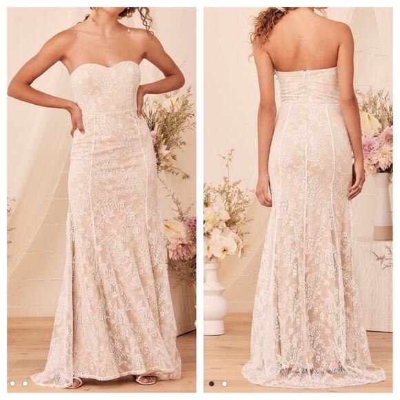 Lulus Beige and White Lace Strapless Maxi Dress - Picture 1 of 7